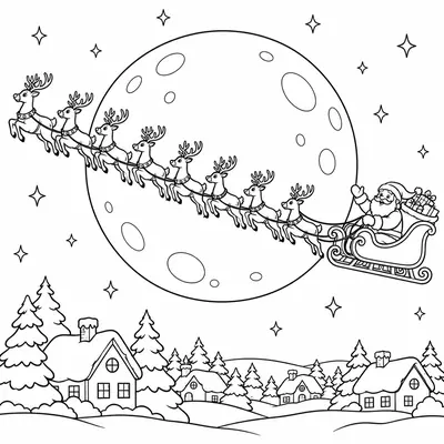Santa's sleigh and a long line of reindeer crossing in front of a full moon