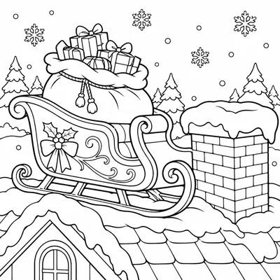 Santa's sleigh with a sack of presents parked on a snowy roof next to a chimney