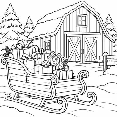 Santa's wooden sleigh full of presents parked in front of a snowy barn