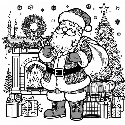 Weihnachtsmann mit einem Sack vor einem brennenden Kamin, mit Tannenbaum, Kranz und Geschenken; Ausmalbild