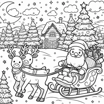Coloring page with Santa in a sleigh, two harnessed reindeer, decorated fir trees, a snowy cabin and the moon