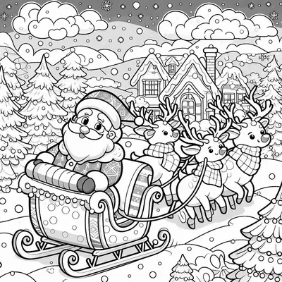 Coloring page of Santa in a sleigh pulled by three scarfed reindeer, in a snowy village with houses, fir trees and clouds