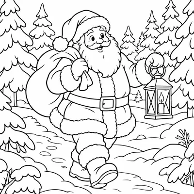 Weihnachtsmann geht mit Sack und Laterne durch einen verschneiten Kiefernwald