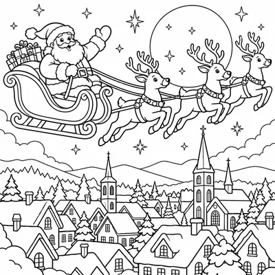 Santa waving from his sleigh pulled by reindeer above a snowy town with church towers