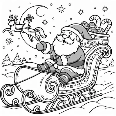Christmas coloring sheet: Santa waving from his sleigh, with a sack of candy canes and two reindeer flying near the moon