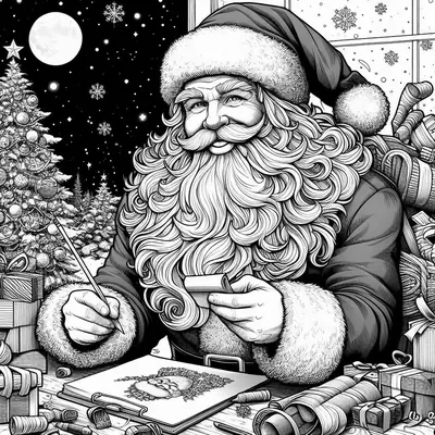 Weihnachtsmann schreibt am Schreibtisch einen Brief, dazu Tannenbaum, Mond und Geschenke unter Sternenhimmel