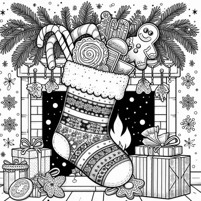 Coloring page of a scalloped-cuff stocking by a fireplace with a fire, candy canes, gingerbread, presents and a fir tree