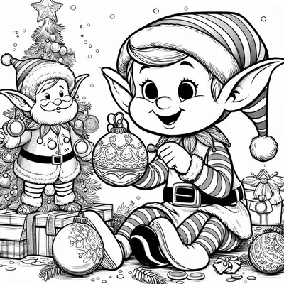 Ausmalbild: sitzender Wichtel mit Kugel, bärtiger Wichtel schmückt einen Tannenbaum mit Stern hinter Geschenken