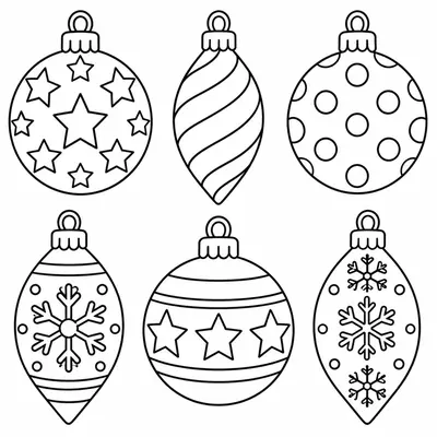 Malvorlage: sechs Weihnachtskugeln in verschiedenen Formen mit Sternen, Punkten, Spiralstreifen und Schneeflocken