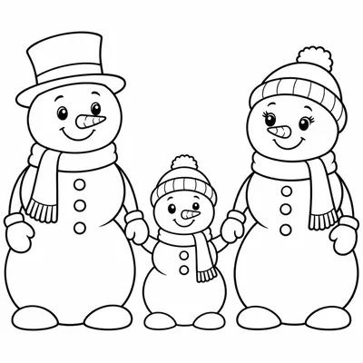 Printable sheet: three snowmen holding hands, a tall one in a hat, one in a cap and a small one with a pompom
