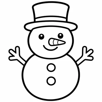 Einfacher Schneemann mit Zylinder, Karottennase und drei Knöpfen, dicke Linien