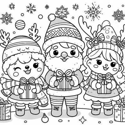 Kleurplaat: drie lachende figuurtjes, onder wie een kerstman, houden elk een cadeau vast onder sneeuwvlokken, met geweimutsen