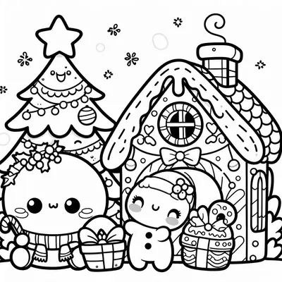 Kleurplaat: lachende kerstboom met ster, peperkoekhuisje met schoorsteen en twee kleine ronde figuurtjes met cadeaus