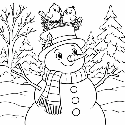 Snowman with a bird nest and two little birds on his hat, winter trees behind
