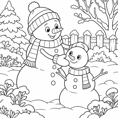 Snowman in a bobble hat building a smaller snowman in a snowy garden