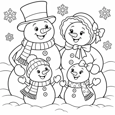Snowman family of four: father in a top hat, mother in a bonnet and two snow children
