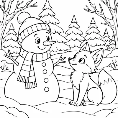 Snowman and a fox looking at each other in a winter forest