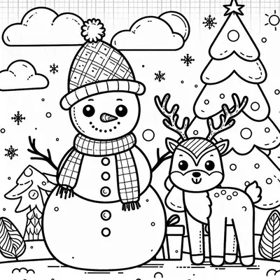 Schneemann mit Mütze und kariertem Schal neben einem kleinen Rentier, einem Tannenbaum mit Stern und Wolken; Ausmalbild