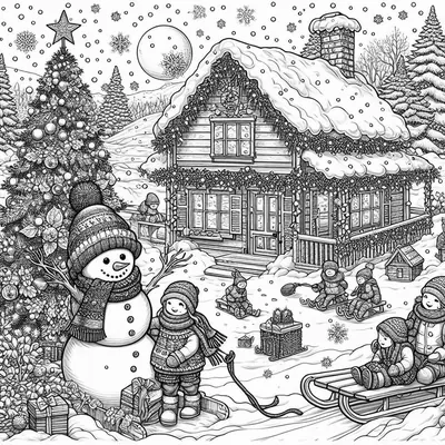 Ausmalbild: Schneemann mit Mütze und Schal, Kinder auf Schlitten vor verschneiter Hütte, Tannenbaum und Mond