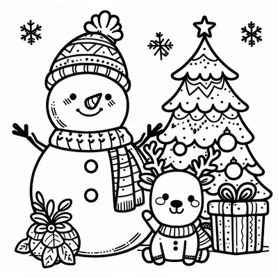 Ausmalbild: Schneemann mit Mütze und Schal, kleines Rentier im Pullover, geschmückter Tannenbaum und ein Geschenk