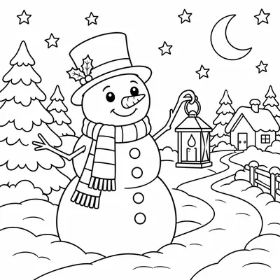 Snowman holding a lantern on a snowy path at night under a crescent moon