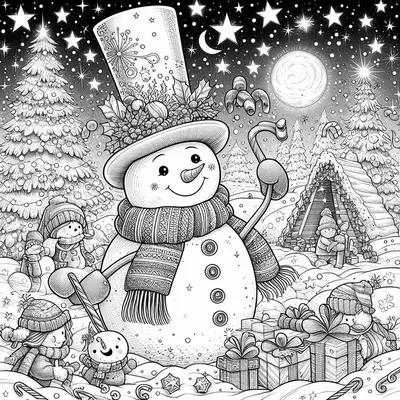 Ausmalbild eines Schneemanns mit Stechpalmen am Hut, dazu Zuckerstangen, Geschenke, Kinder, Tannen und Mond mit Sternen