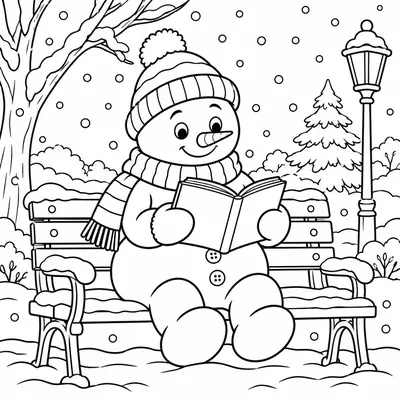 Snowman reading a book on a park bench while snow falls