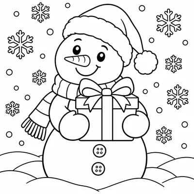 Snowman in a Santa hat holding a gift box with a big bow, surrounded by snowflakes, to color