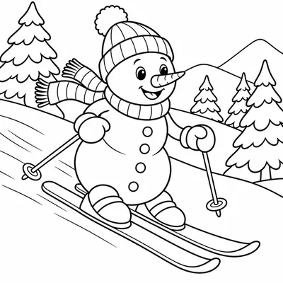 Snowman on skis going down a slope between fir trees