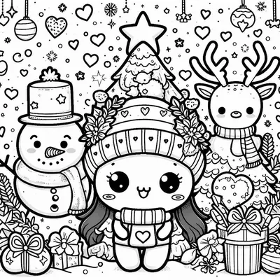 Kleurplaat van een sneeuwpop met sterrenhoed, meisje met grote muts met hulst en rendier met sjaal, voor een kerstboom