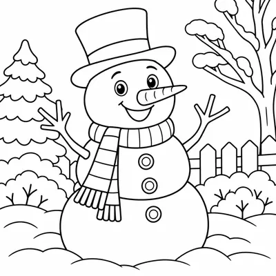 Christmas coloring sheet: snowman in a top hat and striped scarf, in front of a fir tree, another tree and a fence