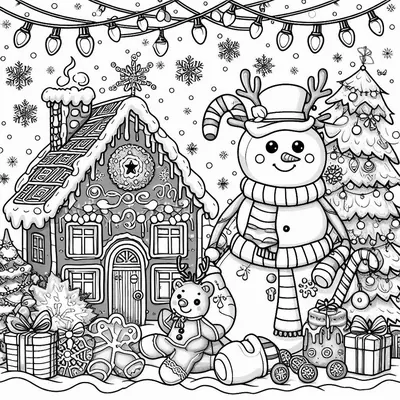 Verschneites Lebkuchenhaus, Schneemann mit Rentiergeweih, Lebkuchenbär, Tannenbaum, Geschenke, Lichterkette; Ausmalbild