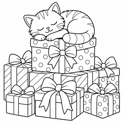 Stapel verpackter Weihnachtsgeschenke mit einer gestreiften Katze, die obenauf schläft