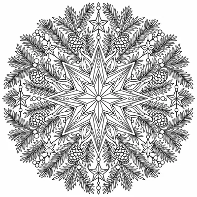 Kerstmandala in de vorm van een ster, omringd door dennentakken, dennenappels en kleine sterren