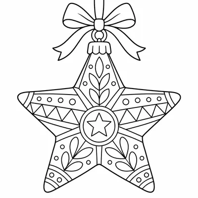 Sternförmige Weihnachtskugel mit Blatt- und Punktmustern, an einer Schleife aufgehängt
