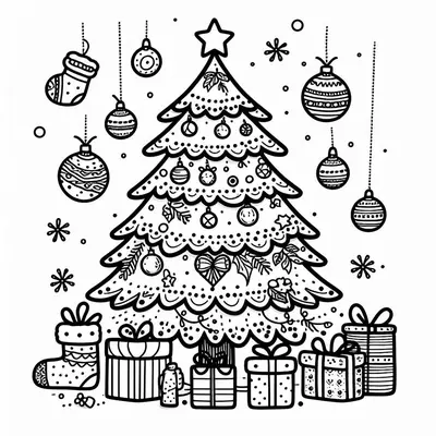 Ausmalbild: Tannenbaum mit Stern, umgeben von hängenden Kugeln, Weihnachtsstrümpfen und Geschenken in verschiedenen Formen