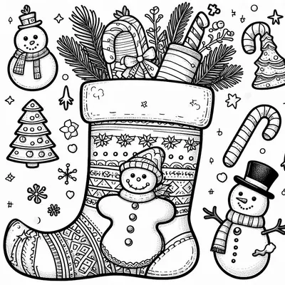Dibujo para colorear de un calcetín de Navidad con ramas y bastones de caramelo, entre muñecos de nieve y abetos pequeños