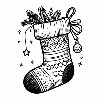 Christmas coloring sheet: striped-cuff stocking with diamonds, fir branches, a bow, a small ornament and a star hanging