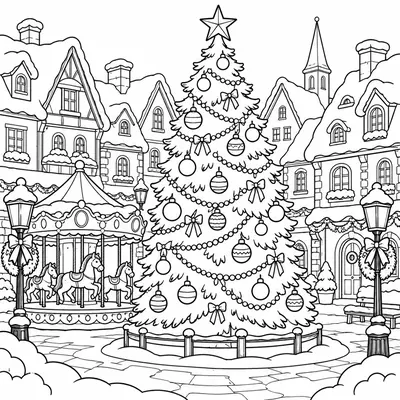 Hoher geschmückter Weihnachtsbaum auf einem verschneiten Stadtplatz neben einem Karussell und alten Häusern
