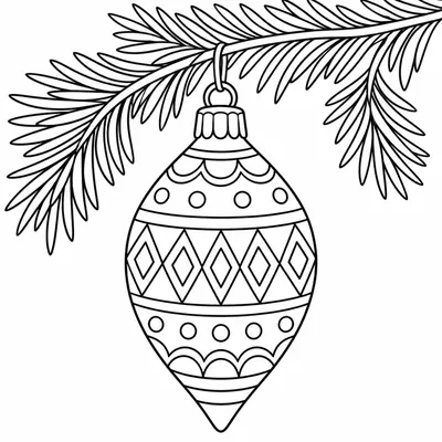 Tropfenförmige Weihnachtskugel mit Rauten- und Punktmustern, die an einem Tannenzweig hängt