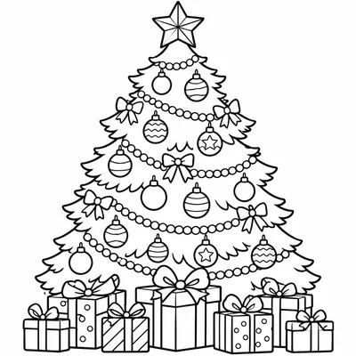 Großer Tannenbaum mit Perlengirlanden, Kugeln, Schleifen und Stern, am Fuß verpackte Geschenke; Ausmalbild