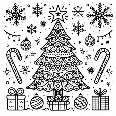 Malvorlage: Tannenbaum mit Perlen und Schnörkeln, dazu Zuckerstangen, Kugeln, Schneeflocken und Geschenke