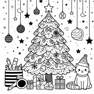 Ausmalbild: Tannenbaum mit Blättern und Schneeflocken, Katze mit Partymütze, Stiftebecher und Geschenke