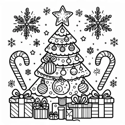 Ausmalbild: Tannenbaum mit Kugeln und Perlenkette, links und rechts je eine große Zuckerstange, davor aufgereihte Geschenke