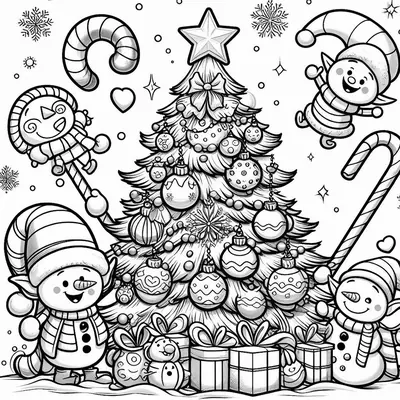Albero con palline e stella tra piccoli personaggi col cappello da elfo, bastoncini di zucchero e regali, da colorare