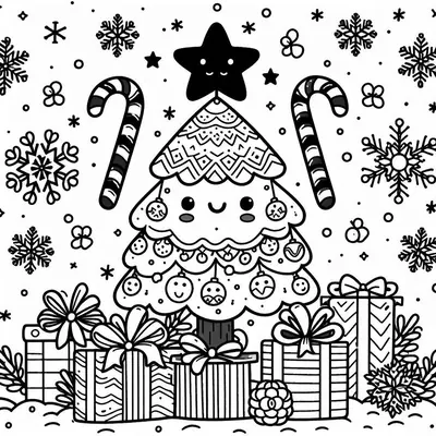 Tannenbaum mit lächelndem Gesicht und Stern mit geschlossenen Augen an der Spitze, dazu Zuckerstangen, Geschenke