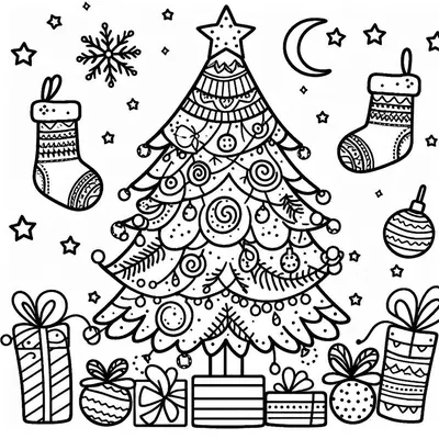 Ausmalbild: Tannenbaum mit Schnörkelmuster, zwei hängende Weihnachtsstrümpfe, eine Kugel, ein Mond und Geschenke am Fuß