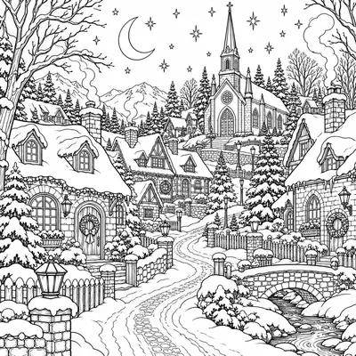 Winterdorf bei Nacht zum Ausmalen: verschneite Häuser, eine Kirche, eine Steinbrücke über einem Bach und eine Mondsichel