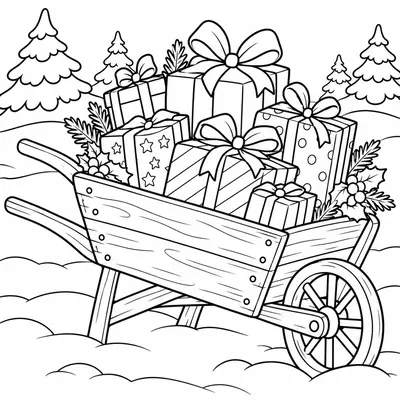 Hölzerne Schubkarre voller verpackter Geschenke im Schnee, dahinter stehen Tannen