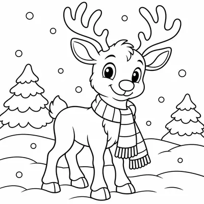 Ausmalbild eines jungen Rentiers mit gestreiftem Schal im Schnee, mit zwei verschneiten Tannen und Schneeflocken